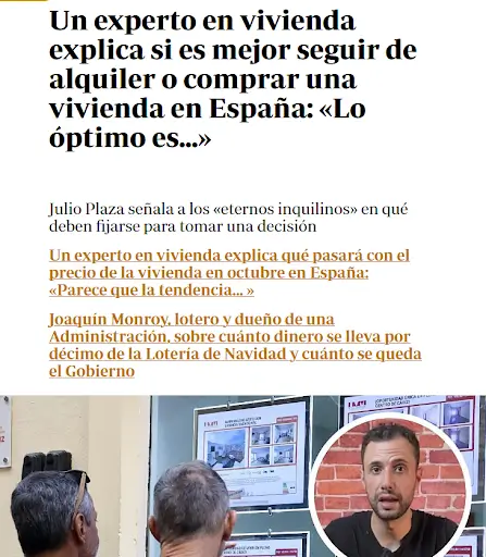 Un experto en vivienda habla frente a una pantalla con gráficos inmobiliarios mientras varias personas lo observan. El texto destaca consejos sobre alquilar o comprar vivienda en España.