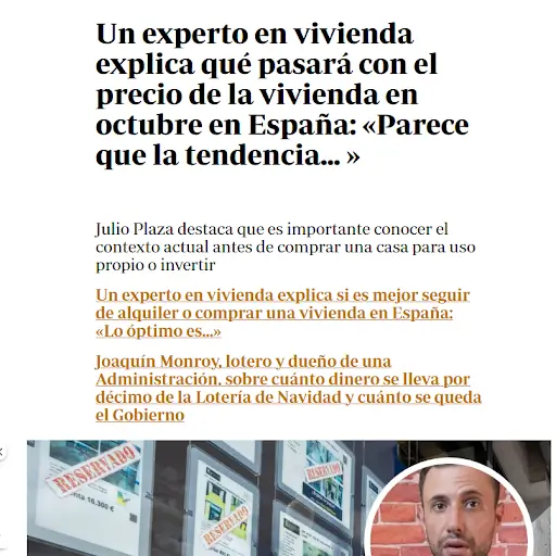 Captura de pantalla de una noticia española en la que se habla de las predicciones de los expertos sobre el precio de la vivienda en España, con un titular, un breve resumen y la foto de un hombre hablando.