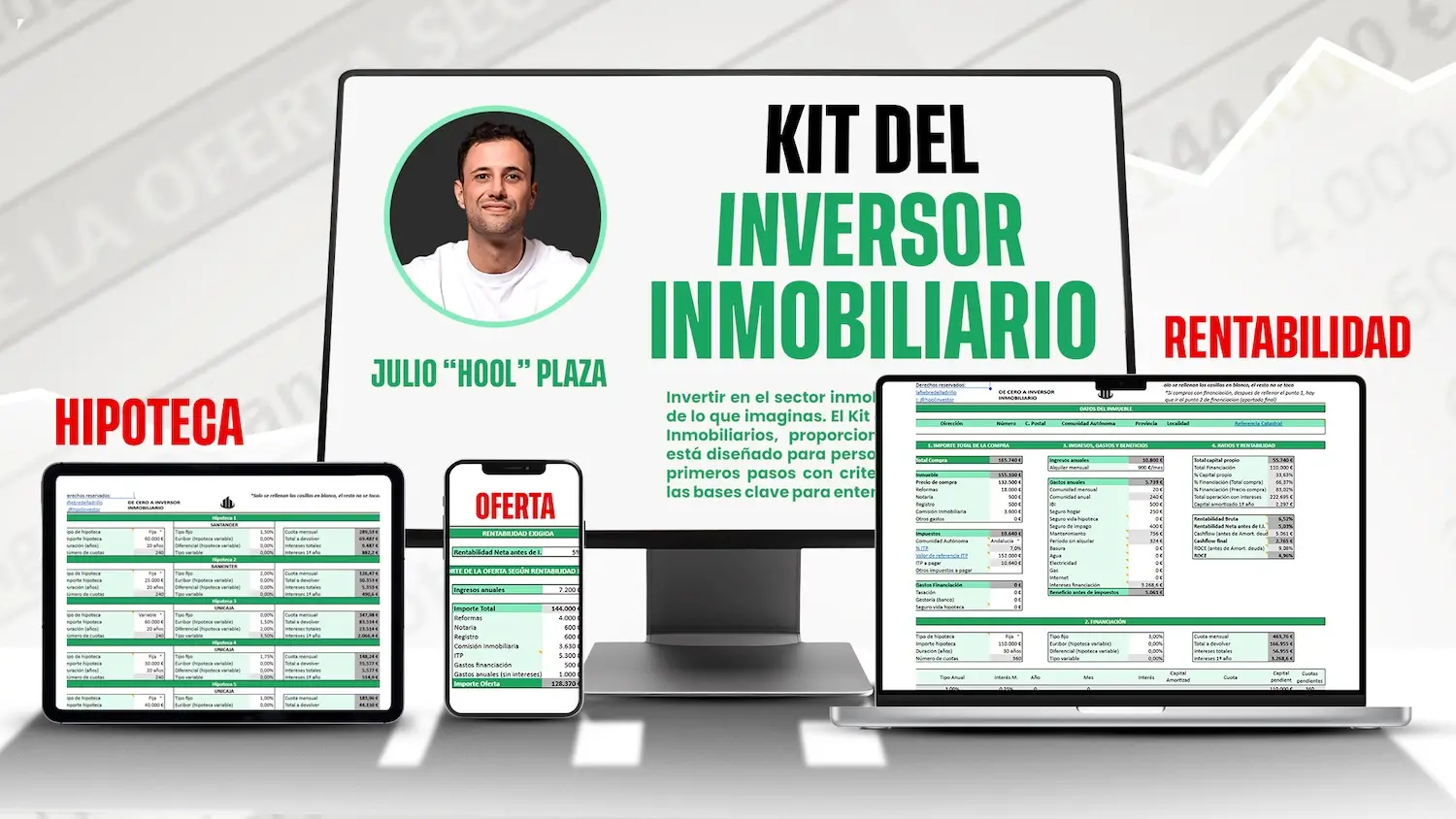 Un ordenador, un portátil, una tableta y un smartphone muestran hojas de cálculo de inversión inmobiliaria y una guía titulada "Kit del Inversor Inmobiliario" con una foto de Julio "Hool" Plaza.