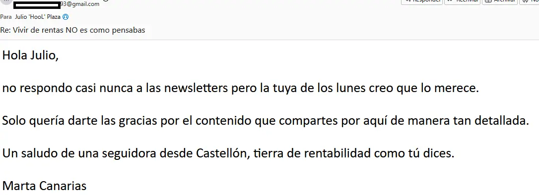 Captura de pantalla de un correo electrónico de agradecimiento a Julio por el detallado contenido de su boletín, enviado por Marta Canarias desde Castellón.
